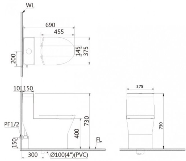 Bản vẽ kích thước bàn cầu Caesar CD1374+TAF060 