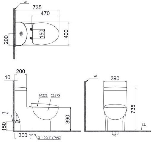 Bản vẽ kích thước bồn cầu CD1375 TAF200 Caesar điện tử