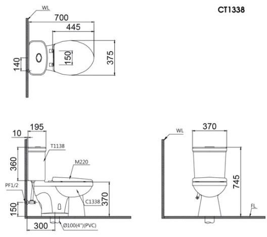 Bản vẽ kích thước bồn cầu CT1338 nắp rửa TAF050 caesar