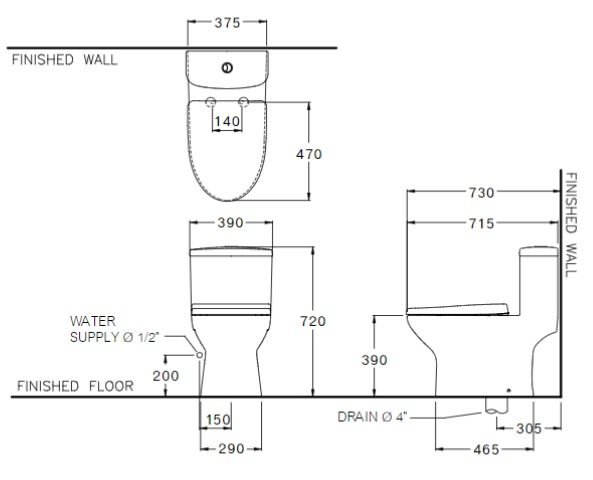 Bản vẽ kích thước bồn cầu C105337 1 khối Cotto