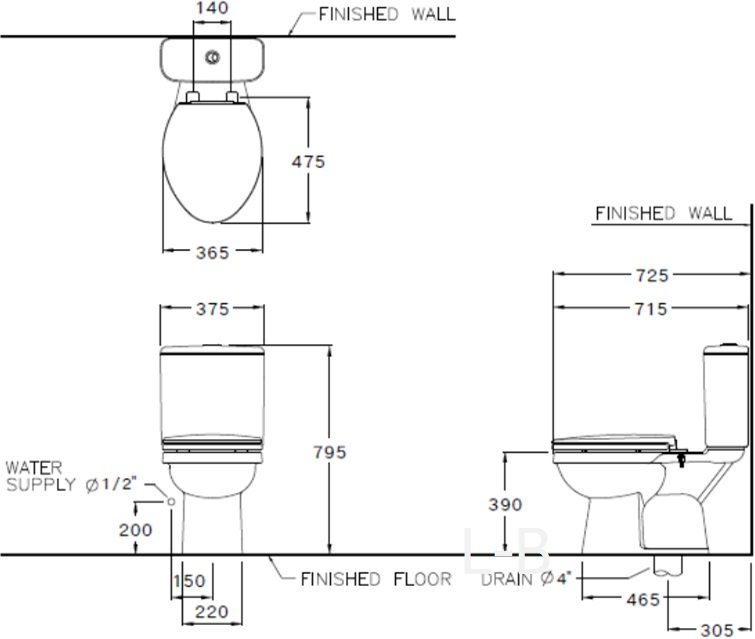 Bản vẽ kích thước bàn cầu C 13450 Cotto