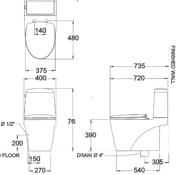 Bản vẽ kỹ thuật bồn cầu Cotto C13527