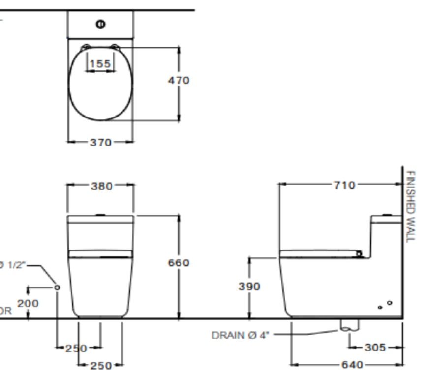 Bản vẽ kích thước bàn cầu Cotto Quil CPW10007 MWH BN2