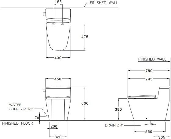 Bản vẽ kích thước bồn cầu C101907 Cotto