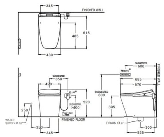 Bản vẽ kích thước bồn cầu C10207 Cotto cảm ứng