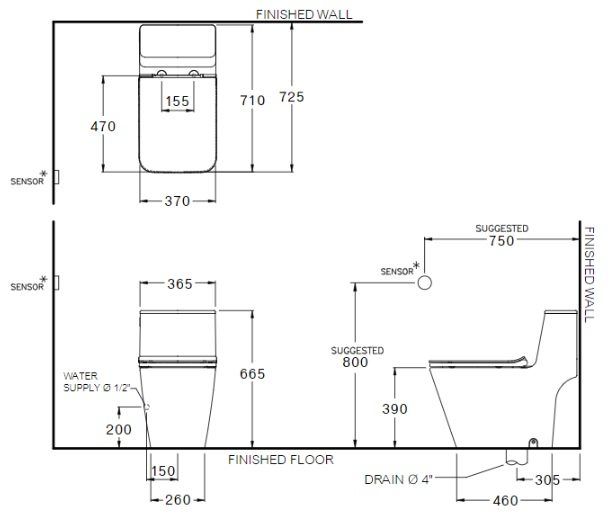 Bản vẽ kích thước bồn cầu C103257 1 khối Cotto