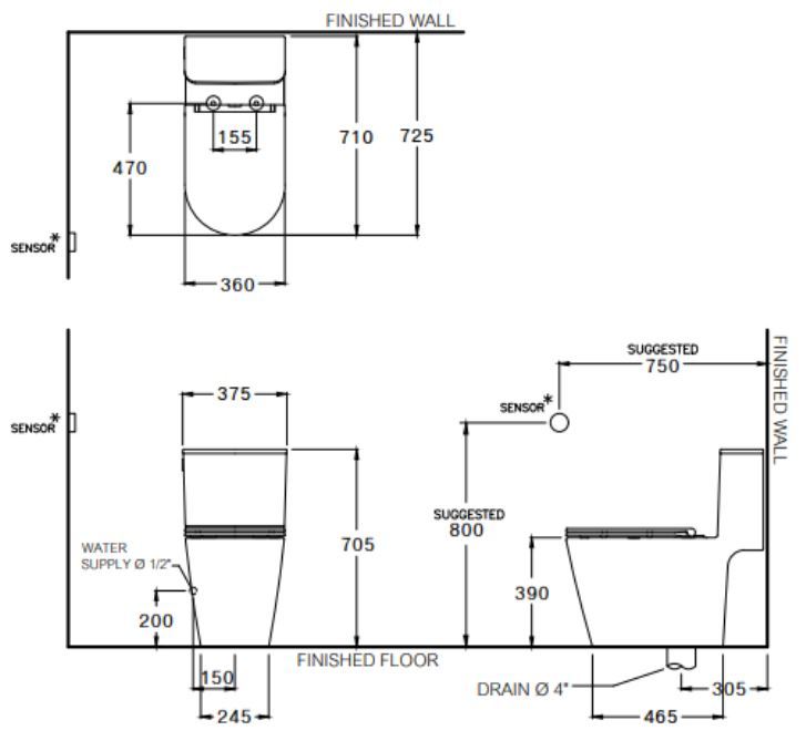 Bản vẽ kích thước bồn cầu C103357 Cotto 1 khối