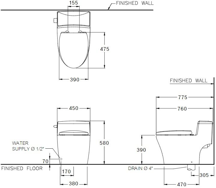 Bản vẽ kích thước bồn cầu C10347 Cotto