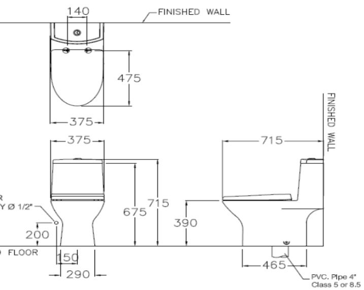 Bản vẽ bồn cầu 1 khối C1053 COTTO 1 khối