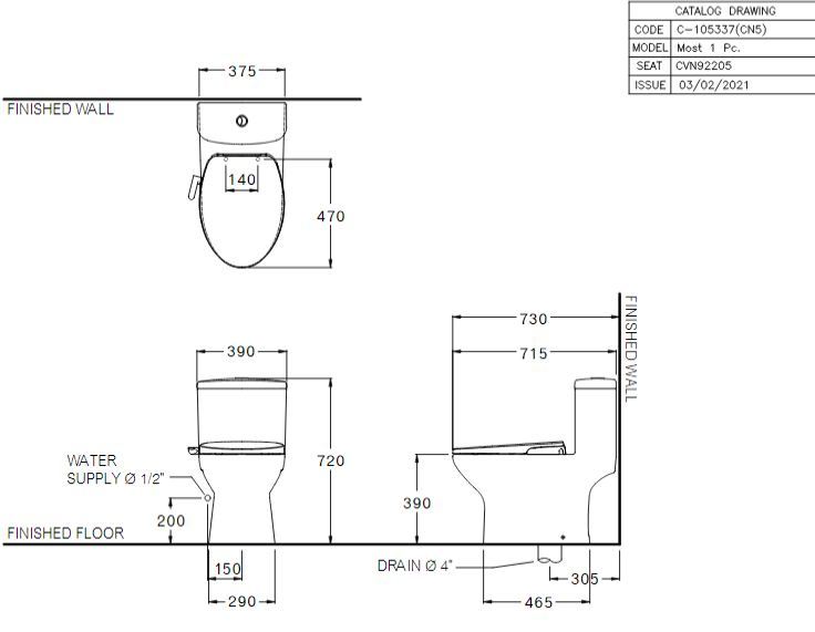 kích thước bồn cầu C105337(CN5) Cotto 1 khối