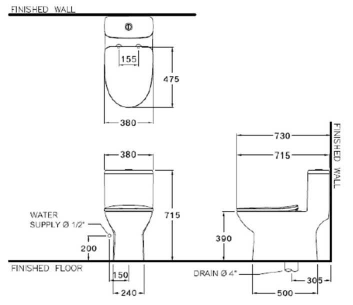 Bản vẽ kích thước bồn cầu C105507 1 khối Cotto