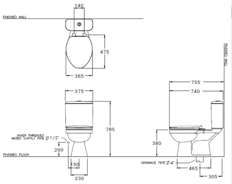 Bản vẽ bồn cầu C13440 COTTO