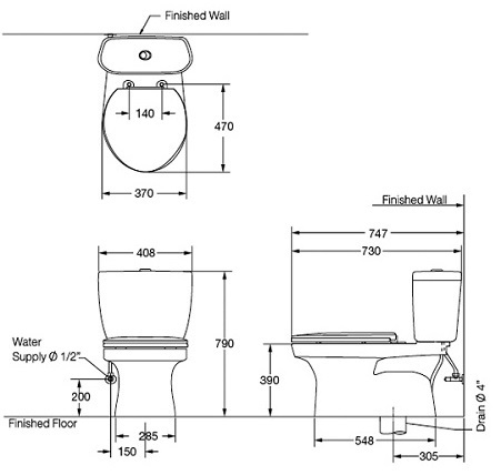 Bản vẽ kích thước bàn cầu C1389 Cotto