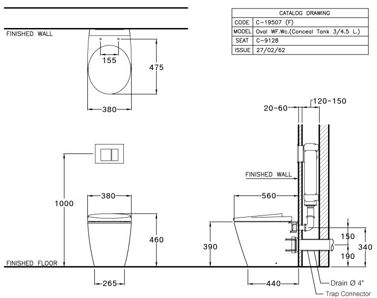 Bản vẽ kích thước bồn cầu đặt sàn SC19507 Cotto