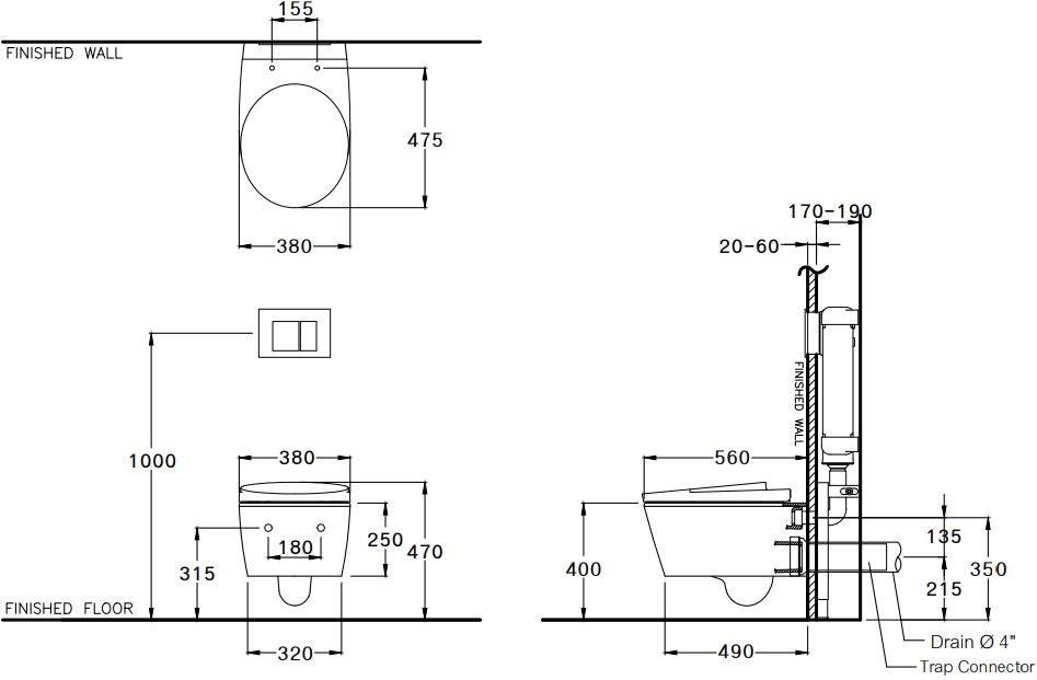 Bản vẽ kích thước bồn cầu đặt sàn SC19517F Cotto