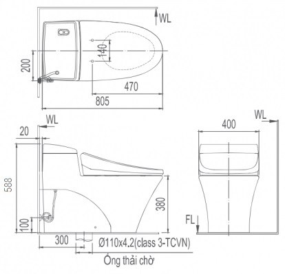 Bản vẽ bệ xí bệt Inax 1008 xả nhấn nắp rửa cơ