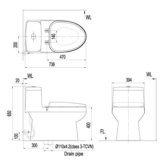 Bản vẽ bệ xí bệt Inax 939 xả nhấn nắp êm CF-600VS