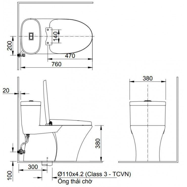 Bản vẽ kích thước bồn cầu inax 959 nắp điện tử CW-H17