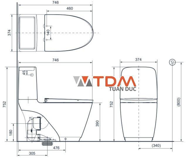 Bản vẽ kích thước bồn cầu INAX ACT-832-CW-S32VN