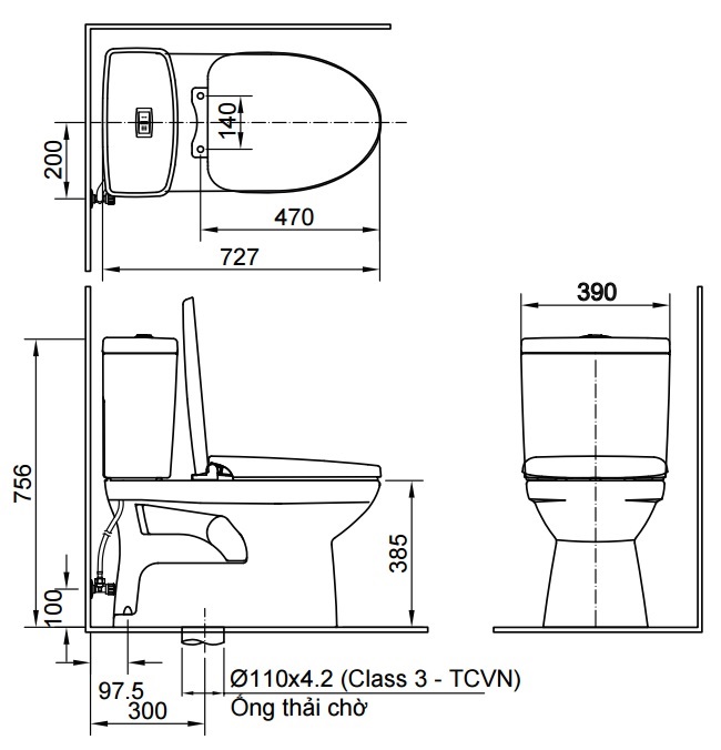 Bản vẽ bệ xí bệt Inax 504 xả nhấn nắp rửa cơ