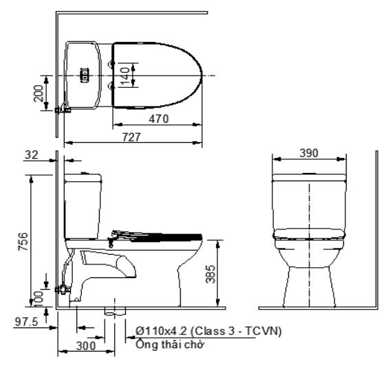 Bản vẽ bệ xí bệt Inax 504 xả nhấn nắp êm