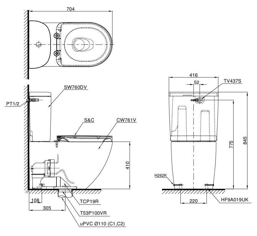 bản vẽ bồn cầu nắp rửa điện tử TOTO CS761DW8