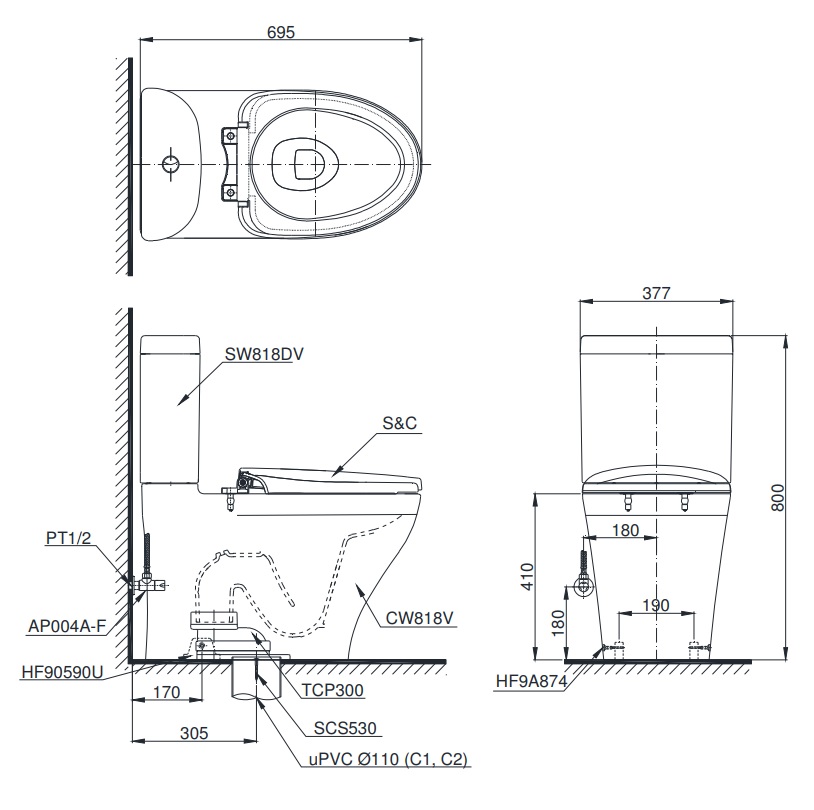 Bản vẽ bồn cầu CS818 nắp điện tử TCF4911EZ TOTO