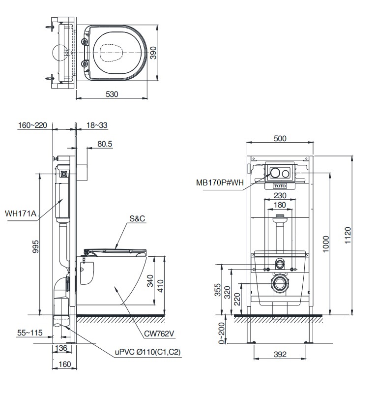 Bản vẽ kỹ thuật xí bệt CW762 MB170P WH171A