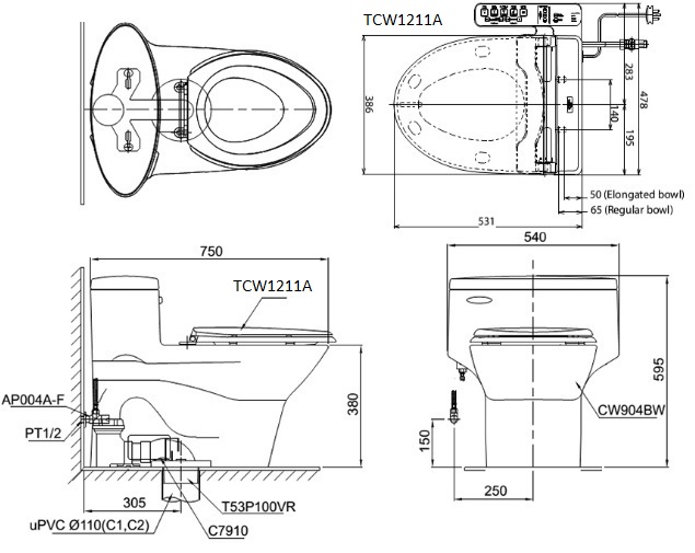 bản vẽ bồn cầu TOTO MS904E4 nắp rửa cơ