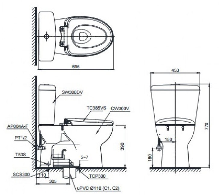 Bản vẽ kích thước bồn cầu TOTO CS300DT3