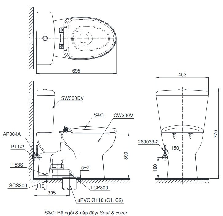 Bản vẽ kích thước xí bệt TOTO CS 300DT8Y1