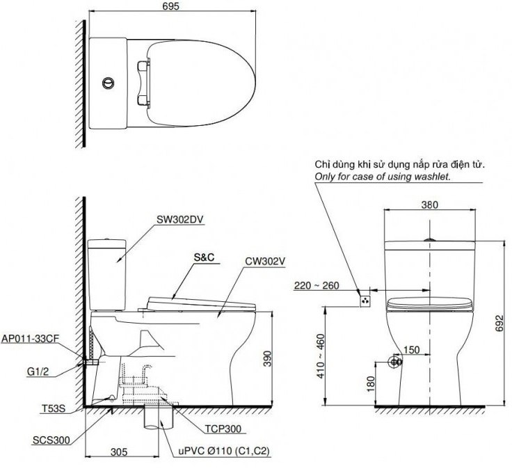 Bản vẽ bồn cầu CS302 nắp rửa cơ TCW07S TOTO