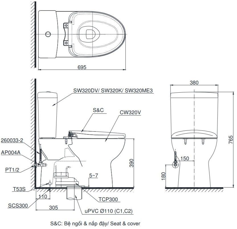 Bản vẽ kích thước bồn cầu nắp điện tử TOTO CS320W11