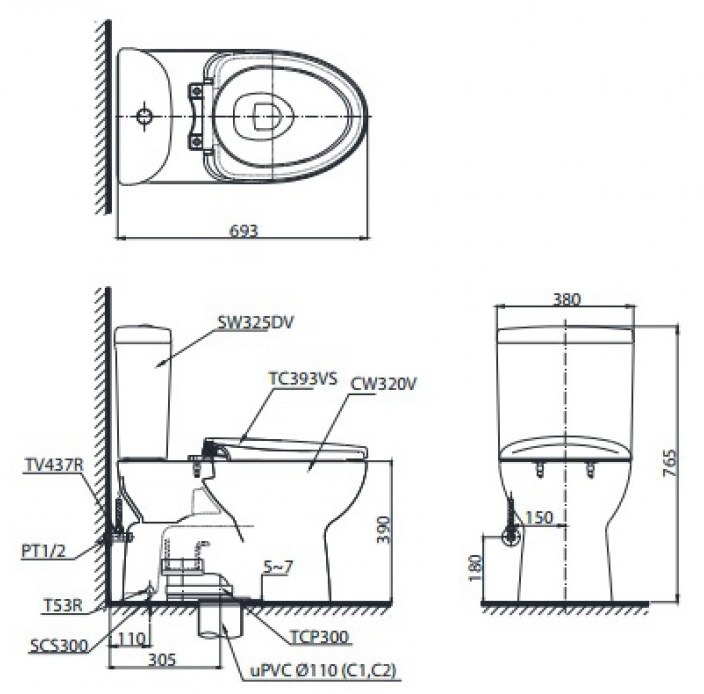 Bản vẽ kỹ thuật xí bệt TOTO CS 325DRT10