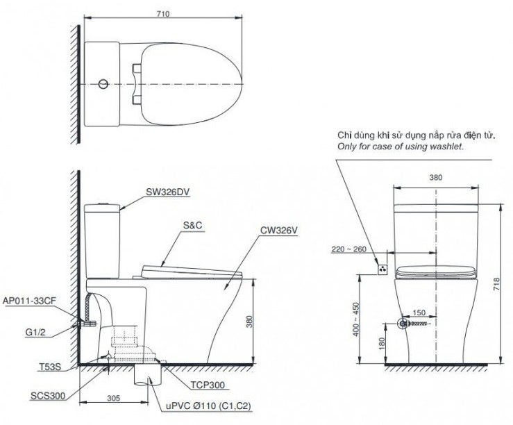 Bản vẽ bồn cầu CS326 nắp rửa cơ TCW07S TOTO