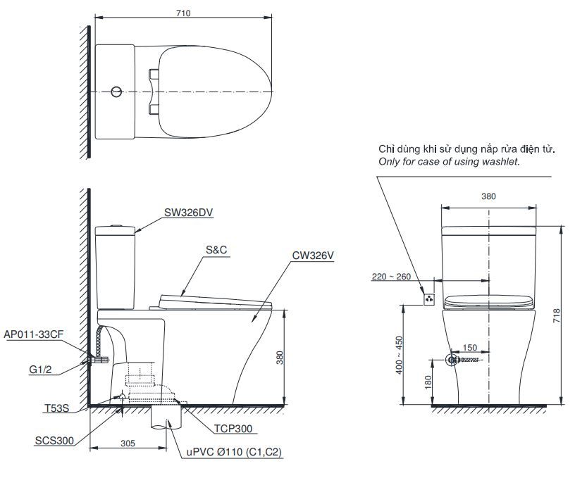 Bản vẽ kích thước bồn cầu nắp điện tử TOTO CS 326DW11