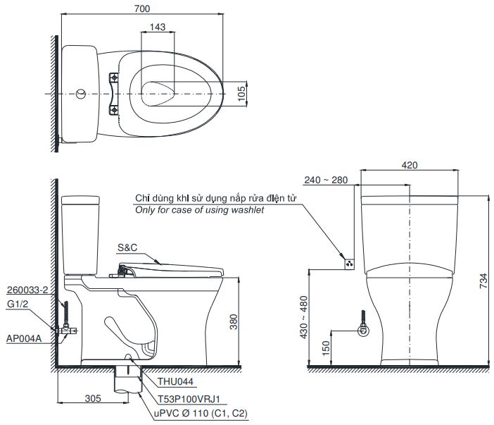 Bản vẽ bồn cầu C735 nắp rửa điện tử TCF6631A TOTO