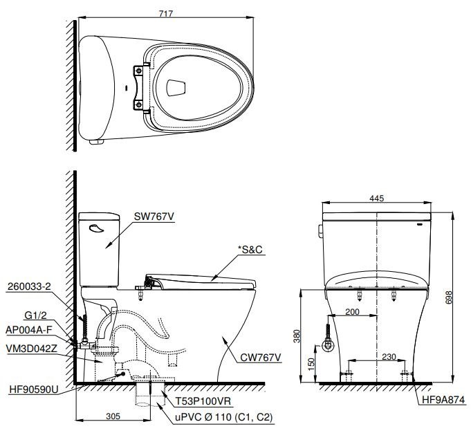 Bản vẽ kích thước bồn cầu TOTO CS767CRW15