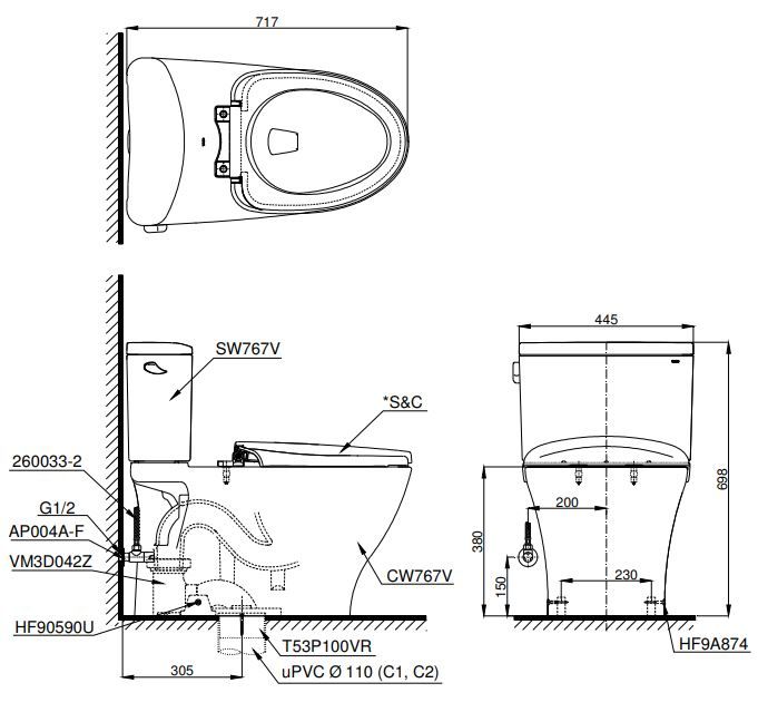 Bản vẽ kích thước bồn cầu C767C TOTO nắp điện tử TCF23410AAA W17