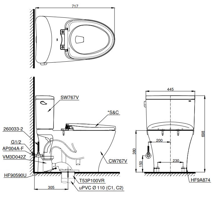 Bản vẽ bồn cầu 2 khối TOTO CS767CW12