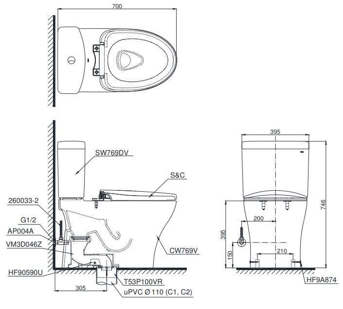 Bản vẽ kích thước bồn cầu C769C TOTO nắp điện tử TCF23410AAA W17