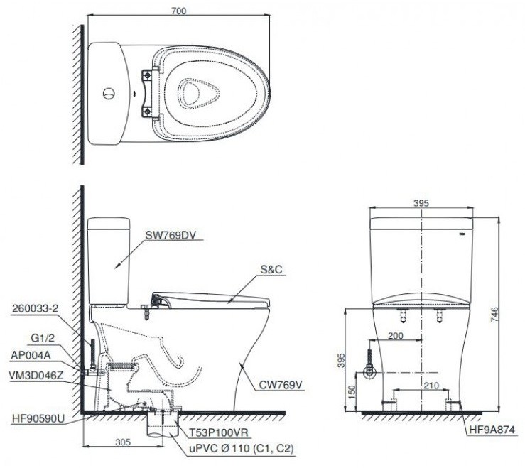 Bản vẽ kích thước xí bệt TOTO CS769DT10