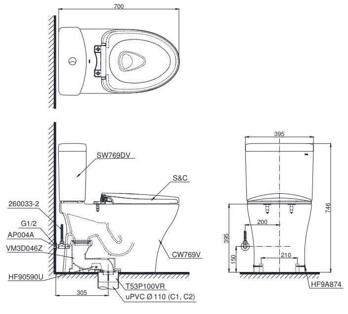 Bản vẽ bồn cầu C769 nắp điện tử TCF4911EZ TOTO