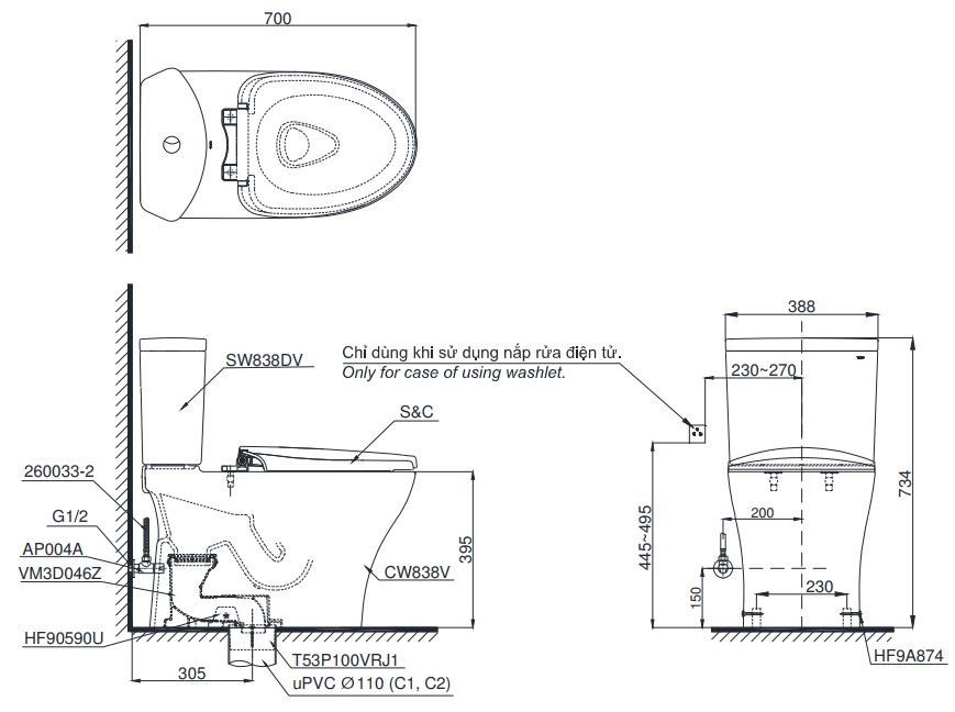 Bản vẽ bồn cầu nắp điện tử TOTO CS838 CDW11