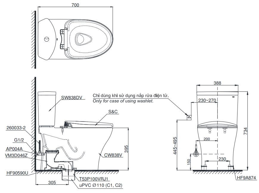 Bản vẽ kích thước bồn cầu TOTO CS838DW14