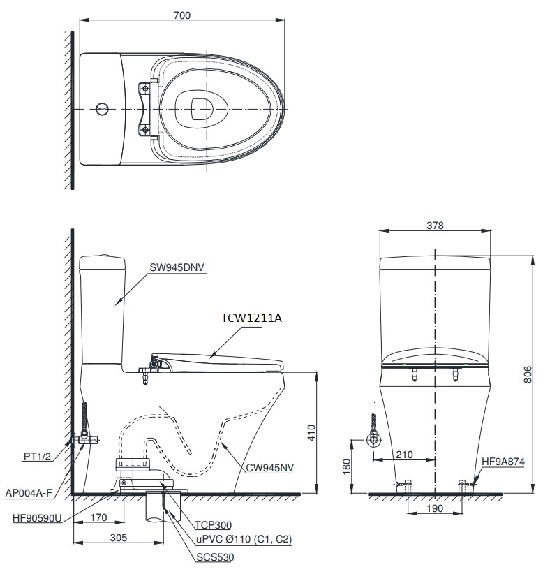 bản vẽ bồn cầu TOTO CS945DNE4 nắp rửa cơ