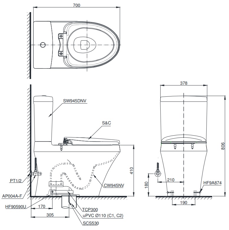 bản vẽ bồn cầu nắp điện tử TOTO CS945DW4