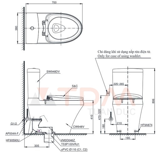 Bản vẽ kích thước bồn cầu C948 nắp điện tử Washlet TCF6531Z TOTO