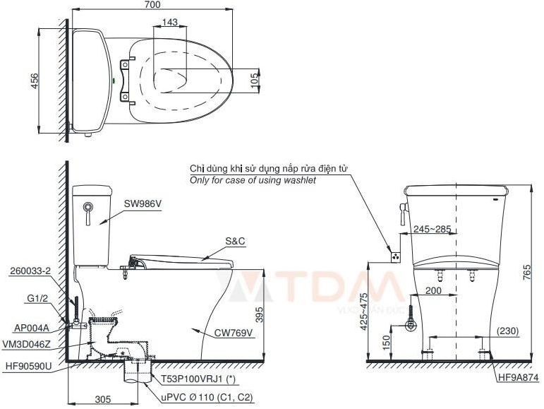 bản vẽ kích thước bồn cầu TOTO CS986CGW15