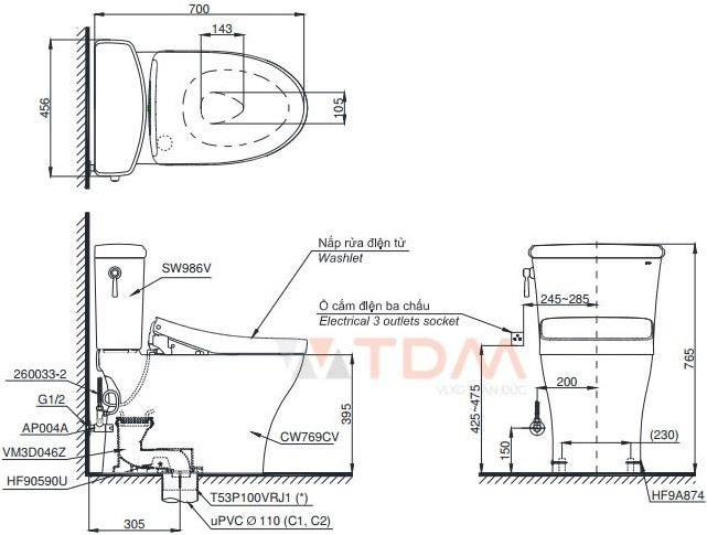 Bản vẽ kích thước bồn cầu C769C TOTO nắp điện tử TCF23410AAA W17